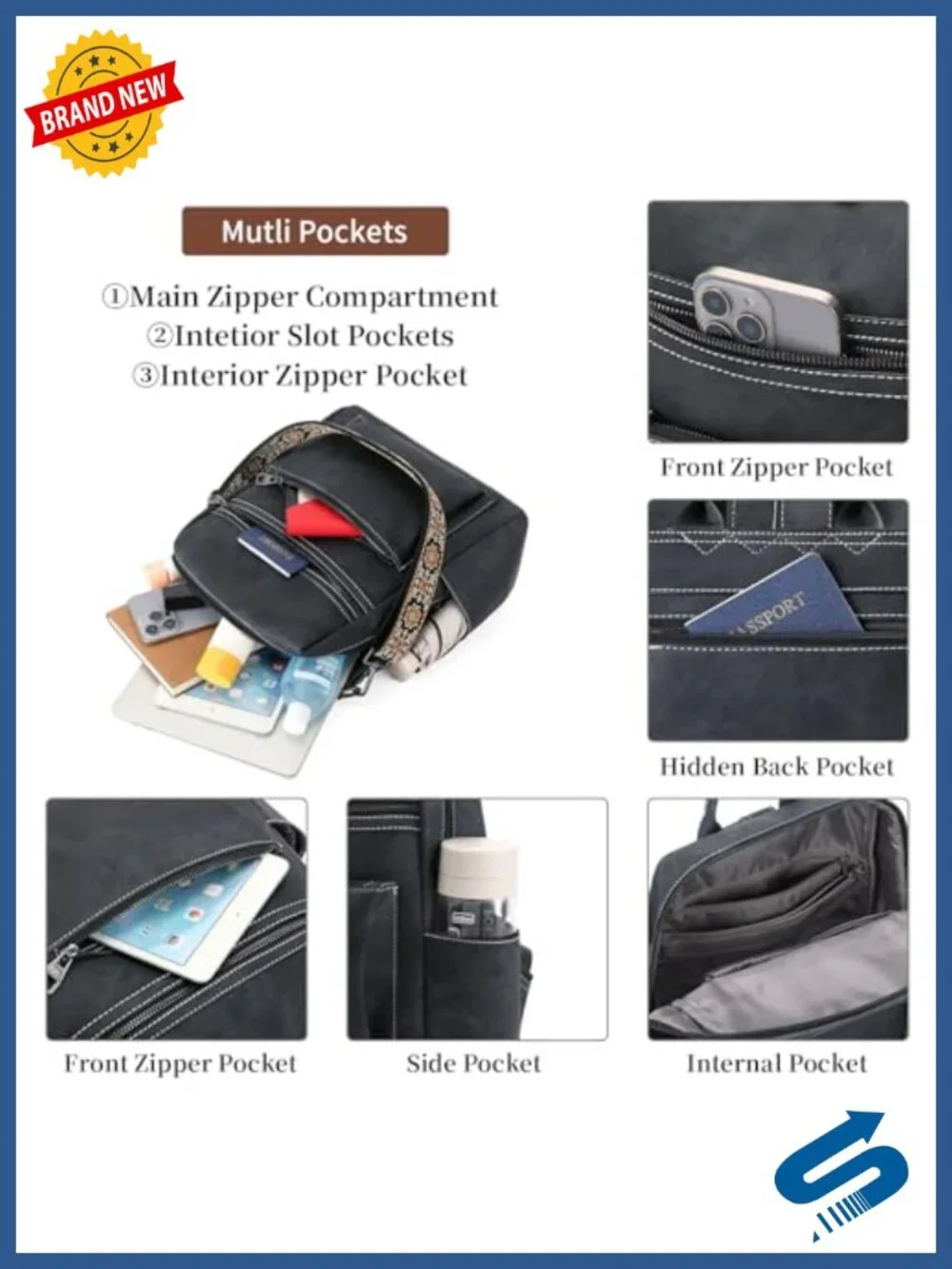 PU Leather Travel Backpack Purse Convertible Shoulder Bag Multi-Pocket Handbag